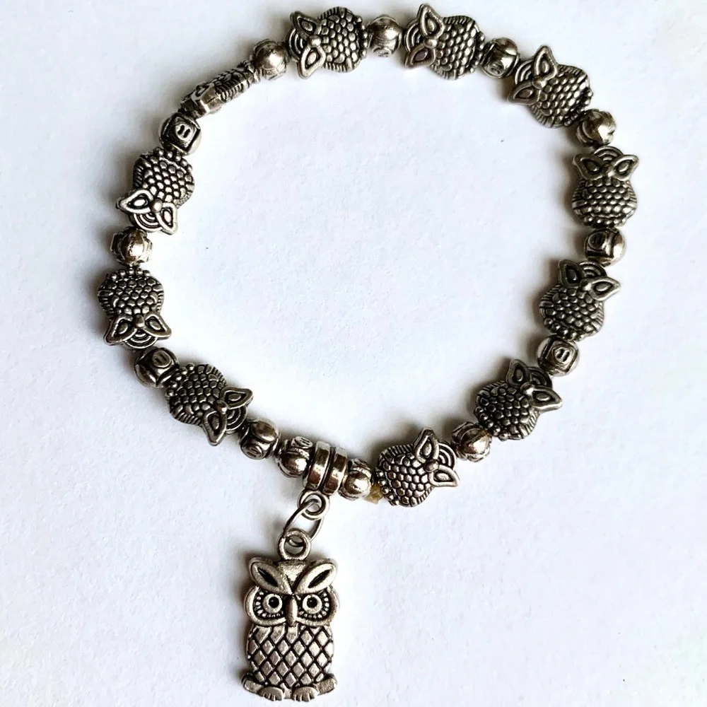 Owl Stretch Silver Tone Rustic Bracelet - Picture 1 of 5